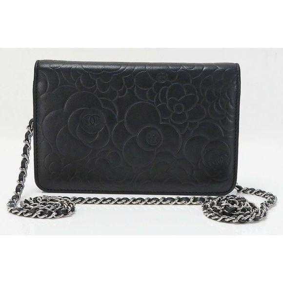 CHANEL Black Camellia Pattern Leather Wallet on Chain Bag WOC - Picture 5 of 12